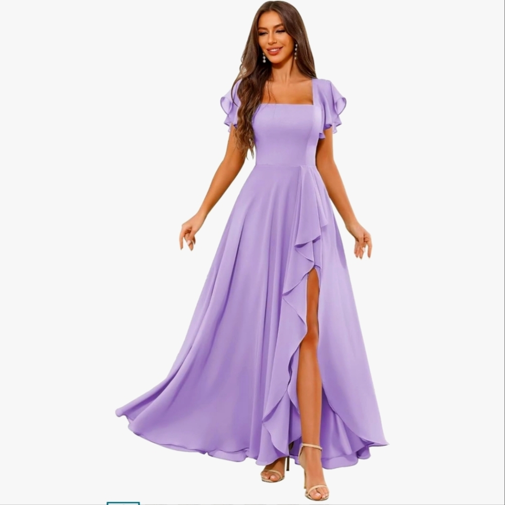Chiffon Bridesmaid Dresses for Women Ruffle Corset Long Square Neck FormalDress
